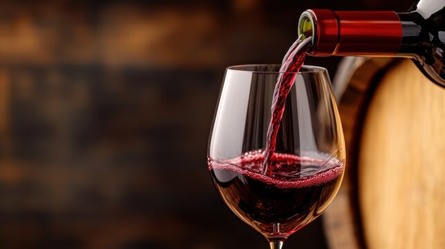 Winery Workers Concept, Dramatic Close-Up of Red Wine Being Poured into a Glass with Wooden Barrel Background