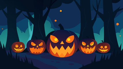Patch of grinning jack o lanterns in a dark forest under a mysterious moon