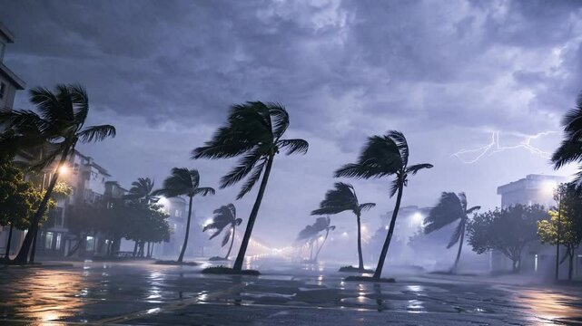Intense storm brings heavy rain and strong winds to deserted city streets at night