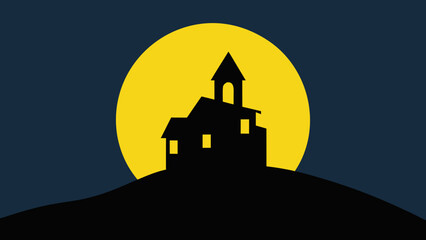 Minimalist haunted house silhouette on a hill with a large ominous full moon