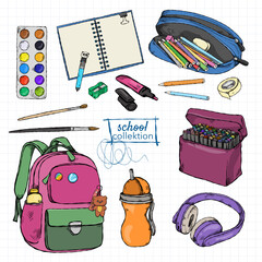Hand-drawn set with various school supplies on a background of checkered leaves.