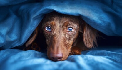 a brown dachshund under a blue blanket. a dog under a blanket. a brown dog laying on top of a blue blanket