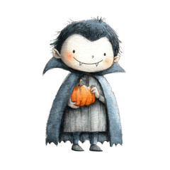 Adorable Watercolor Illustration of a Little Vampire Child Holding a Pumpkin for Halloween Celebration