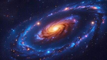Fototapeta premium Vivid space scene featuring a spiral galaxy, cosmic dust, and shimmering lights in a dark universe.