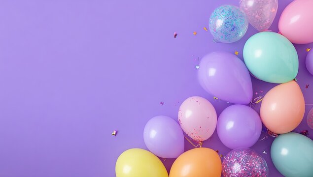 purple balloons with confetti. colorful balloons and confections on purple background. a number of colorful balls in the shape of birds
