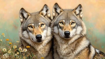 Obraz premium Two realistic wolves are posed closely, surrounded by wildflowers, set against a soft, colorful background