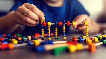 Child's Hands Playing with Colorful Abacus, Educational Toy, Close-up.