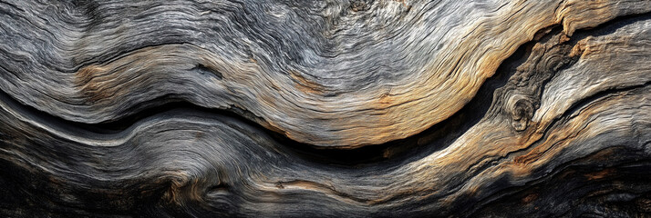 Close-up abstract texture of aged driftwood with natural wavy grain patterns
