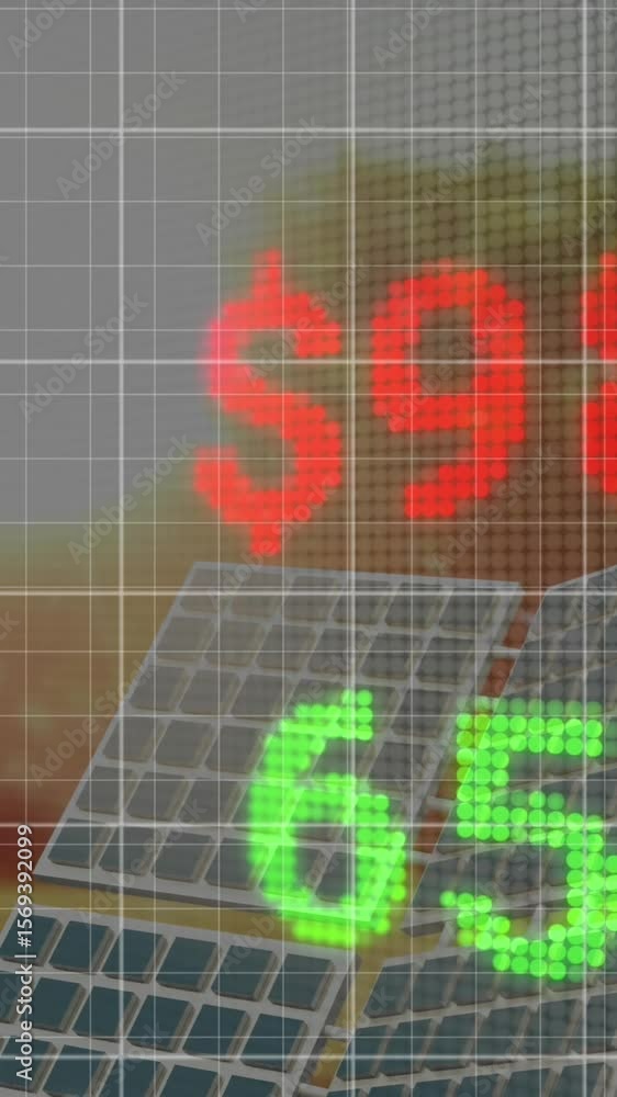 Poster animation of graphs over solar panels and trading board against sun and trees in background
