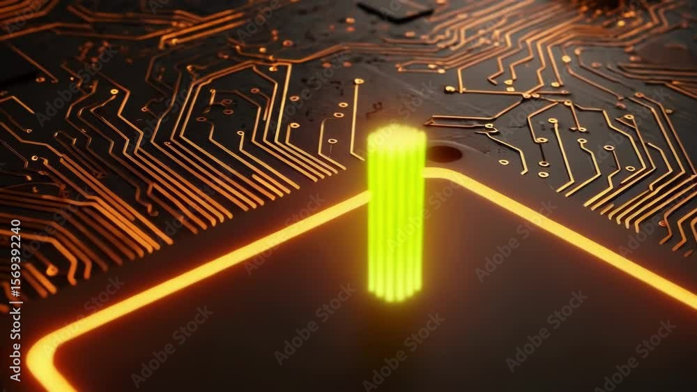 Poster a closeup of a glowing orange cpu chip on a complex circuit board, representing advanced technology