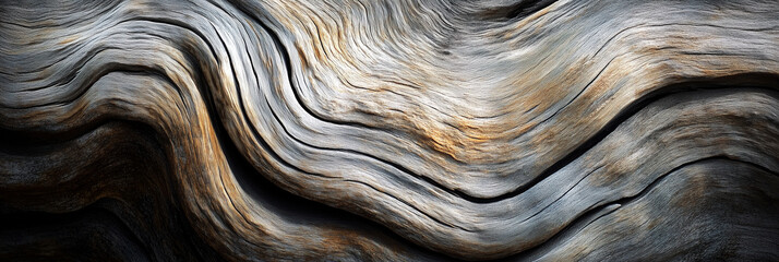 Close-up abstract texture of aged driftwood with natural wavy grain patterns
