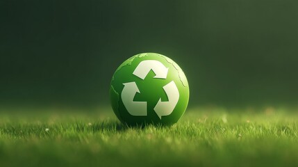 Fototapeta premium Saving the Planet Through Environmental Protection Efforts, A green soccer ball with a recycling symbol rests on grass, symbolizing sustainability in sports.