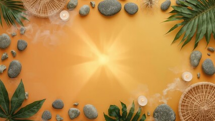 Natural arrangement of smooth sea pebbles and scattered leaves on a sandy surface with copy space, creating a serene, minimalist composition perfect for themes of relaxation, nature, and tranquility
