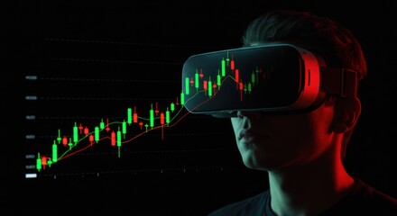 Man in virtual reality glasses analyzing financial stock market data. Cryptocurrency candlestick chart on VR headset screen. Digital trade innovation concept.