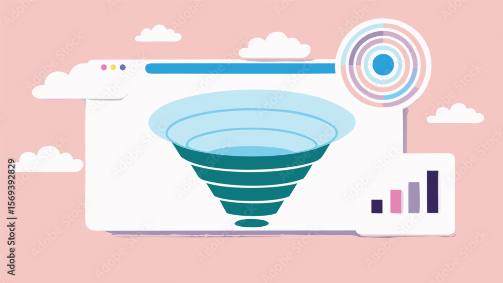 Poster illustration of a funnel inside a webpage alongside a target and a bar graph on pink background