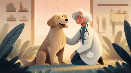 Veterinarian kneels beside joyful golden retriever, gently stroking its fur. Bright clinic interior with plants creates welcoming environment