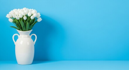 A vase filled with white tulips sits on a blue surface against a blue background