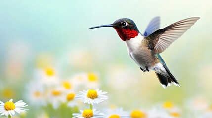 Naklejka premium A vibrant hummingbird hovers gracefully above white daisies, showcasing its colorful plumage against a soft, blurred background, This image is perfect for nature-related projects, articles, or decor,
