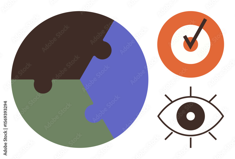 Poster puzzle globe symbolizing global unity, target with checkmark for accomplishment, and eye representin