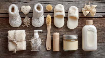 Neutral-toned image of baby hygiene supplies arranged on a wooden surface