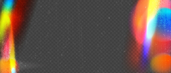 Old grainy film texture with flowing light rainbow rays, Realistic film strip overlay mode, Vector abstract background.