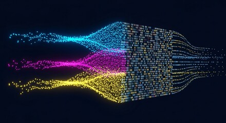 Abstract streams of glowing digital data in cyan magenta and yellow converge
