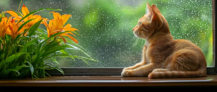 Cozy Cat Contemplation: An orange tabby cat, its ginger fur radiating warmth, lounges on a windowsill, gazing with curiosity at a world veiled in a soft, soothing rain, next to vibrant flowers.