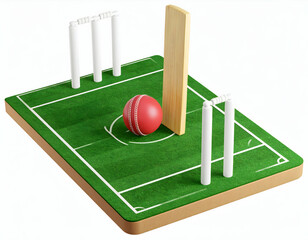 A vivid red cricket ball resting near the wicket preparing for a swing on a green field with soft
