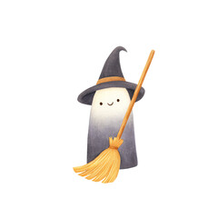 Obraz premium Adorable Cute Halloween Themed Watercolor Ghost with Broom for Festive Celebrations and Seasonal Decor