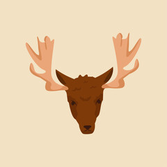 Moose Head Illustration: A stylized illustration of a moose head, featuring large antlers and a dark brown coat, set against a soft beige background.  The image is simple, yet striking.