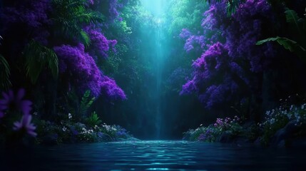 Fototapeta premium A serene landscape featuring a cascading waterfall surrounded by vibrant purple flowers and lush greenery, perfect for nature-themed projects, wellness content, or calming backgrounds,