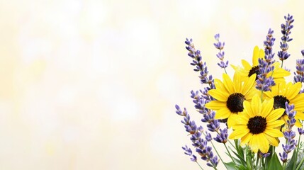 Obraz premium A vibrant bouquet featuring yellow sunflowers and purple lavender, perfect for spring-themed projects, home decor, or wellness promotions, These flowers add a refreshing touch to various designs,