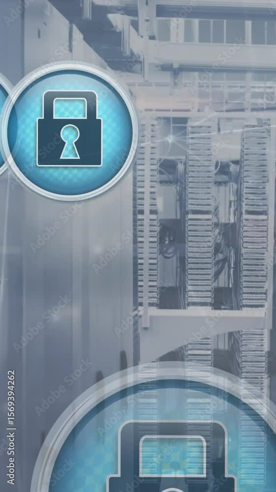 Poster animation of padlock in circles over circuit board pattern on server racks in server room
