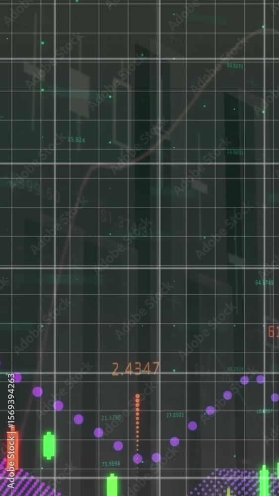 Poster animation of financial and statistical data processing over world map against grey background