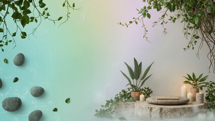 Natural arrangement of smooth sea pebbles and scattered leaves on a sandy surface with copy space, creating a serene, minimalist composition perfect for themes of relaxation, nature, and tranquility
