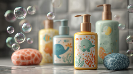 Realistic 3D design of baby cosmetic containers with playful illustrations and soap bubbles in a tiled bathroom setting