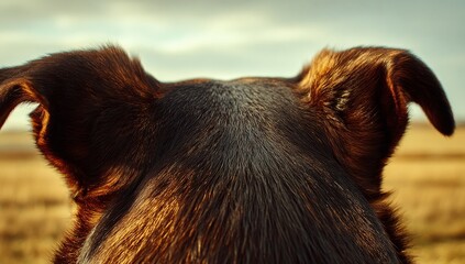 close - up of a dog's head. a close up of a cow's face. a brown horse is looking at the camera