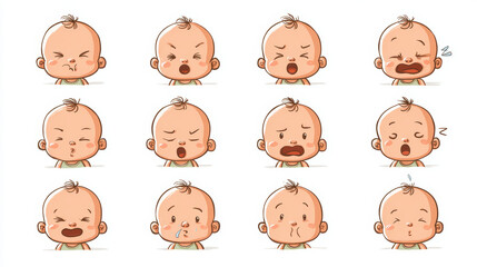 Set of icons capturing newborn facial expressions--joy, sadness, and sleep--for baby care visuals