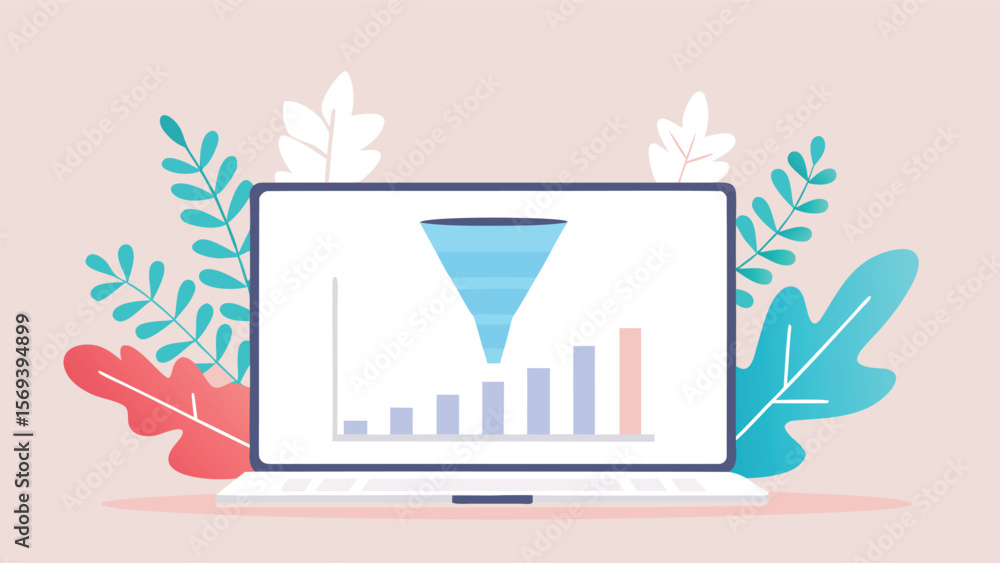 Poster laptop displaying a sales funnel with a bar graph surrounded by colorful leaves and a light pink bac