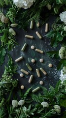 Capsules and pills against a background of greenery and flowers. Useful for articles about health and natural supplements.