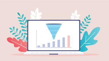 Laptop displaying a sales funnel with a bar graph surrounded by colorful leaves and a light pink background