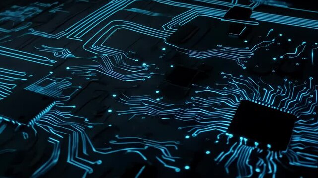 A glowing ai brain symbol overlays a cpu chip and circuit board, symbolizing artificial intelligence technology