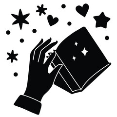 Enchanting Book of Spells Silhouette Illustration Magic Romance and Fantasy Worlds Depicted with Symbols and a Hand Holding the Book