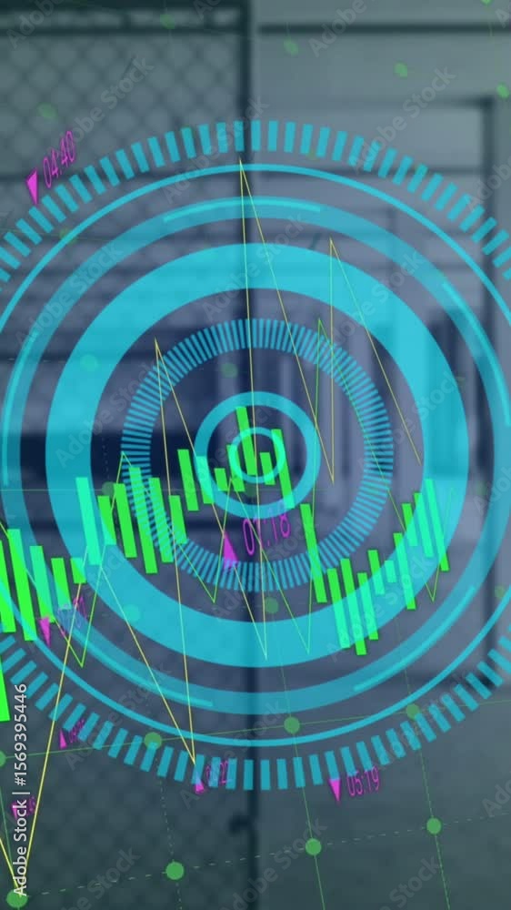 Poster animation of financial data processing over scope scanning