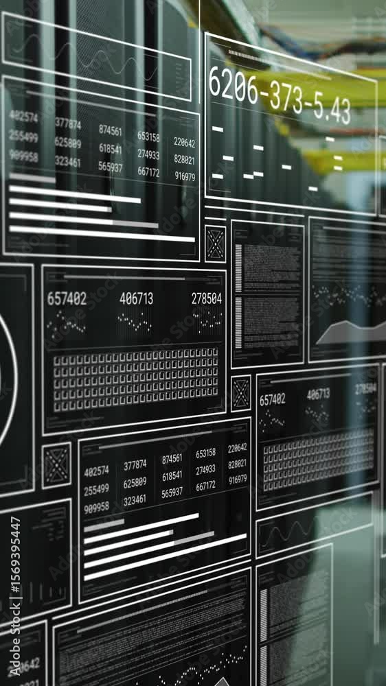 Poster Animation of interface with data processing against empty computer server room