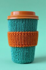 Teal Knitted Cup Sleeve with Orange Cord on Mint Background