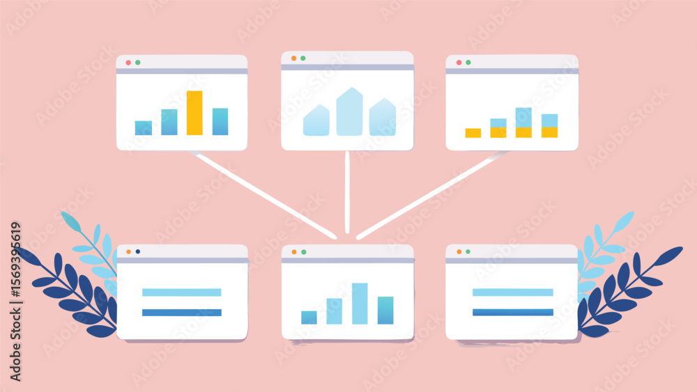 Poster illustration of connected data dashboards with bar graphs and floral decorations around them