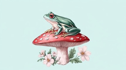 A vibrant green frog sits atop a red mushroom, surrounded by delicate flowers against a soft blue background, This whimsical image can be used in children's books, nature-themed projects, or decor,
