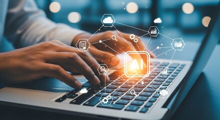 Person typing on laptop with glowing ai network and digital icons connecting data