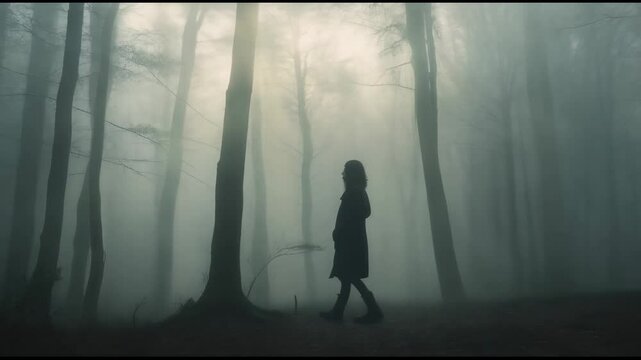 Lost Wanderer in the Fog: A solitary figure navigates a mysterious forest shrouded in a thick layer of fog, their silhouette a symbol of exploration and journey.